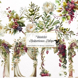 May include: Watercolor illustrations of Mediterranean arches decorated with white peonies, green olive branches, and purple grapes. The text "Watercolor Mediterranean Arches" is included in the image.