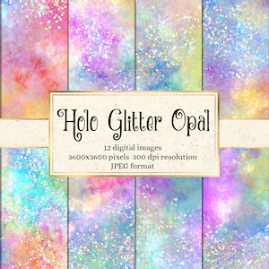 May include: Twelve digital paper backgrounds featuring a holographic glitter opal effect in various pastel colours. The papers are 3600x3600 pixels and 300 dpi resolution.