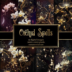 Könnte beinhalten: Ein digitales Papierpaket mit 12 Bildern, die weiße Orchideen mit goldenen Akzenten auf einem dunklen Hintergrund mit Sternen zeigen. Der Text "Orchid Spells" ist in goldenen Buchstaben geschrieben. Die Bilder sind 3600 x 3600 Pixel groß und für kommerzielle Zwecke bestimmt.