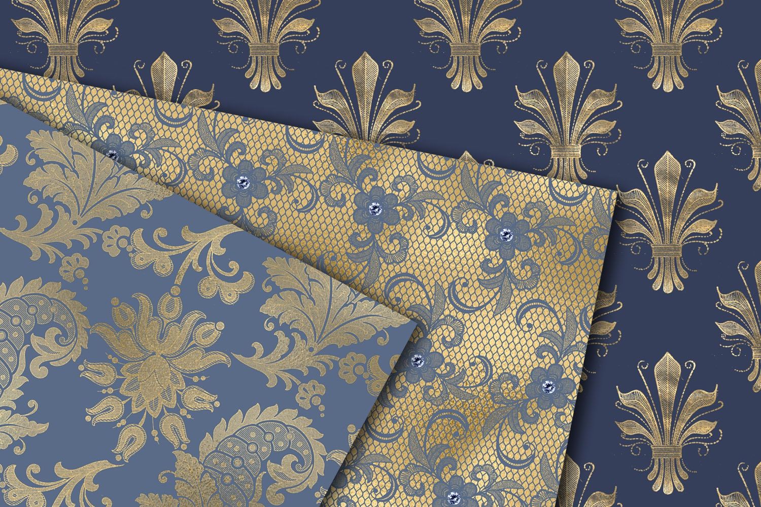 Victorian Blue and Gold Digital Paper, Damask Ornaments (digital ...