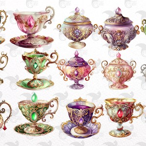 Pode incluir: Um conjunto de 12 x&iacute;caras de ch&aacute; e a&ccedil;ucareiros ornamentados com intrincados desenhos dourados e em tons de pedras preciosas. As x&iacute;caras e os a&ccedil;ucareiros s&atilde;o decorados com motivos florais e pedras preciosas.