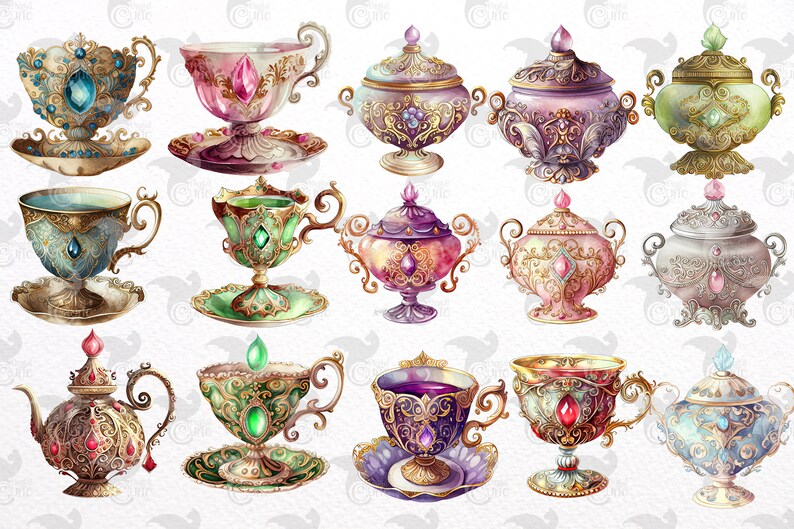 Pode incluir: Um conjunto de 12 x&iacute;caras de ch&aacute; e a&ccedil;ucareiros ornamentados com intrincados desenhos dourados e em tons de pedras preciosas. As x&iacute;caras e os a&ccedil;ucareiros s&atilde;o decorados com motivos florais e pedras preciosas.