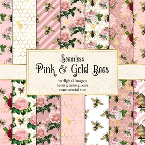 Pink and Gold Bees Digital Paper - seamless vintage bee patterns tileable honeycomb with flowers instant download for commercial use