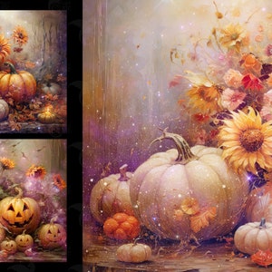 May include: A trio of images featuring pumpkins and sunflowers. The first image shows a group of pumpkins with sunflowers in the background. The second image shows a group of pumpkins with sunflowers in the background. The third image shows a group of pumpkins with sunflowers in the background.