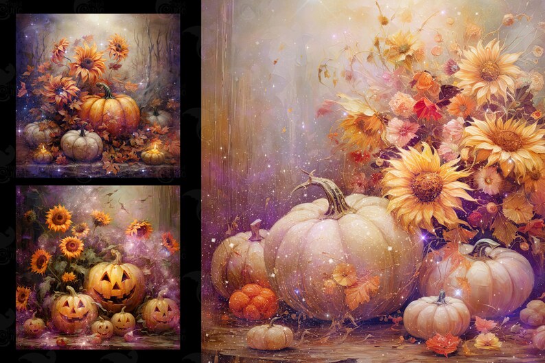 May include: A trio of images featuring pumpkins and sunflowers. The first image shows a group of pumpkins with sunflowers in the background. The second image shows a group of pumpkins with sunflowers in the background. The third image shows a group of pumpkins with sunflowers in the background.