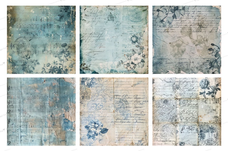 Blue Distressed Cottagecore Paper Textures, Vintage Ephemera (digital ...