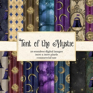 Tente du papier numérique Mystic, arrière-plans de cirque imprimables sans couture lune et étoiles astrologie astrologie disant des motifs d'or fantastiques