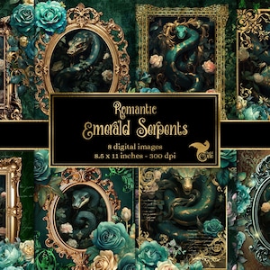 Papel de diário romântico de serpentes esmeraldas, caderno de papel digital rococó fantasia lixo diário páginas imprimíveis papel 8,5x11 download instantâneo