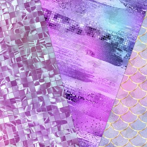 May include: Three digital paper patterns in a purple, pink, and blue color scheme. The first pattern is a grid of iridescent squares. The second pattern is a watercolor-like design with iridescent streaks. The third pattern is a mermaid scale design with gold accents.