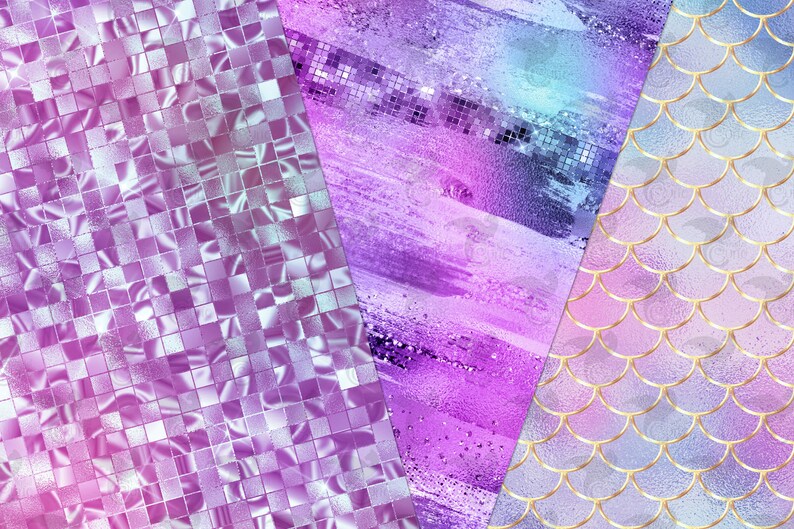 May include: Three digital paper patterns in a purple, pink, and blue color scheme. The first pattern is a grid of iridescent squares. The second pattern is a watercolor-like design with iridescent streaks. The third pattern is a mermaid scale design with gold accents.