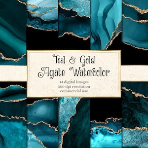 Teal and Gold Agate Watercolor Textures, printable digital scrapbook paper for commercial use in wedding invitation or web design