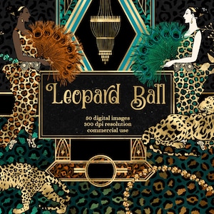 Op de afbeelding: Een digitale illustratie van een luipaardprint met gouden accenten. De illustratie toont twee vrouwen in luipaardjurken, een luipaard, een kroonluchter en een pauwenveerwaaier. De tekst "Leopard Ball" is geschreven in gouden letters. De tekst "50 digitale afbeeldingen, 300 dpi resolutie, commercieel gebruik" is ook inbegrepen.