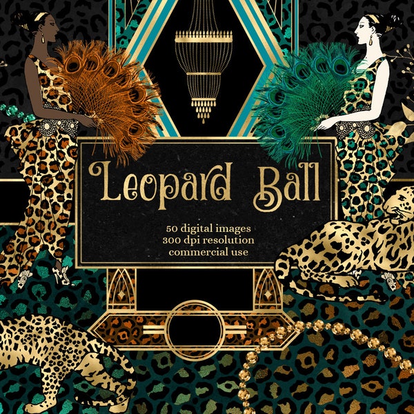 Leopard Ball Digital Scrapbooking Kit, with seamless leopard skin spots patterns, art deco clip art elements instant download commercial use