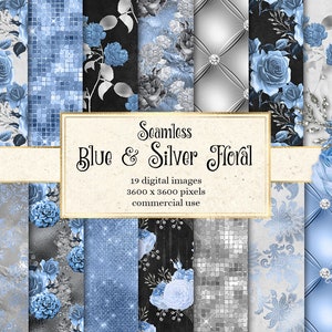 Blaues und silbernes Blumen digitales Papier, nahtloses Baby Blue Rose druckbares Scrapbookpapier, rustikale Blumenhintergründe und -muster