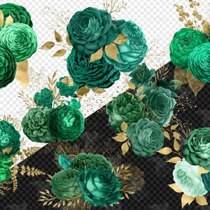 Emerald and Gold Floral Bouquets Clipart, digital instant download green and gold foil flower png embellishments for commercial use image 2