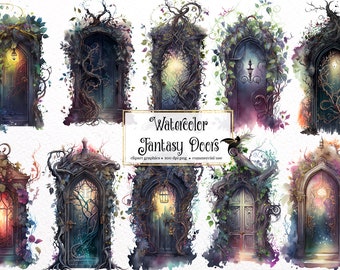 Watercolor Fantasy Doors Clipart - floral magic door watercolor PNG format instant download for commercial use