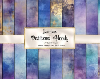 May include: A set of 20 digital seamless distressed moody backgrounds in blue, purple, and gold tones. Each image is 3600 x 3600 pixels and in JPEG format.