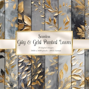 Papel digital pintado de folhas cinza e douradas, papel digital de parede de fantasia rústica sem costura para impressão, fundo de gesso para scrapbook
