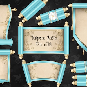 Turquoise Scrolls Clipart - digital tapestry clip art per magic fantasy progetta il download istantaneo per uso commerciale
