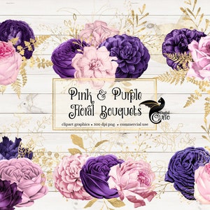 Clipart de buquês florais rosa e roxo, download digital instantâneo de flor de casamento em folha de ouro e rosa, enfeites png, uso comercial