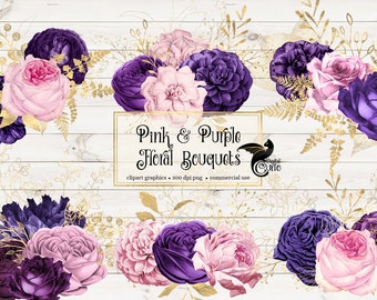 Pink and Purple Floral Bouquets Clipart, digital instant download pink and gold foil wedding flower png embellishments commercial use