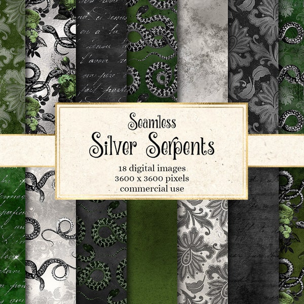 Silver Serpents Digital Paper, green and silver snake patterns seamless backgrounds fantasy printable paper