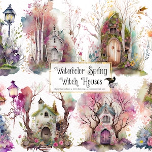 Watercolor Spring Witch Houses Clipart - springtime cute little cottages PNG format instant download for commercial use