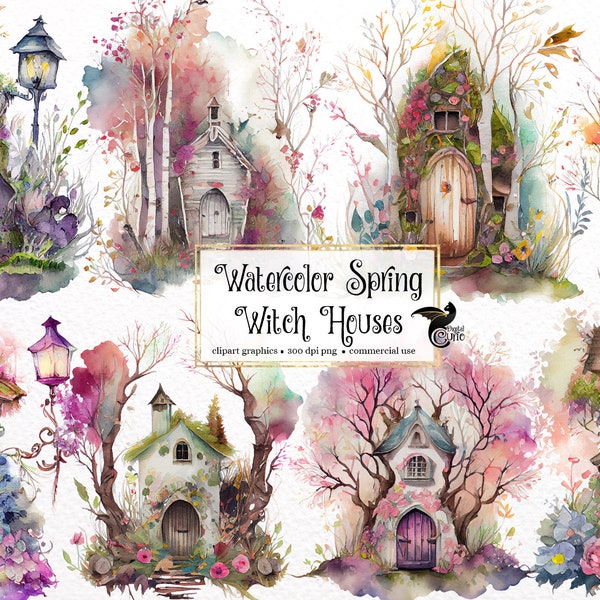 Watercolor Spring Witch Houses Clipart - springtime cute little cottages PNG format instant download for commercial use