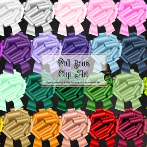 May include: A set of 24 pull bows in various colors, including black, white, purple, green, blue, yellow, orange, red, and pink. The bows are 300 dpi png images and are for commercial use. "Pull Bows Clip Art" is written in the center of the image.