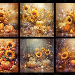 May include: A digital painting of six autumnal still life scenes featuring pumpkins and sunflowers. Each scene is set against a warm, golden background with sparkling lights.