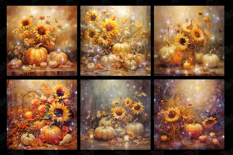 May include: A digital painting of six autumnal still life scenes featuring pumpkins and sunflowers. Each scene is set against a warm, golden background with sparkling lights.