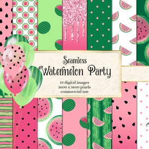 Wassermelonen Party Digitales Papier, nahtlose Wassermelonenmuster mit tropfendem Glitzer und Aquarell sofort download für kommerzielle Nutzung