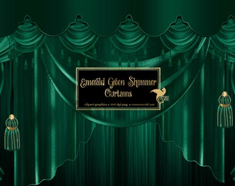 Emerald Green Shimmer Curtains Clipart, digital curtain backdrop clip art graphics, stage curtains, theater curtain png overlays 01egd