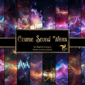 May include: A digital collage of 26 cosmic sound wave images. The images are a mix of purple, blue, pink, and yellow colors. The images are 3600 x 3600 pixels.