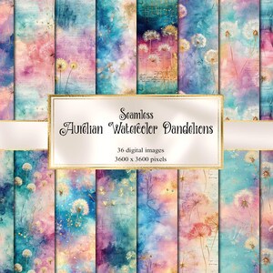 Aurelian Aquarell Löwenzahn Digital Papier, nahtlose Vintage Löwenzahn Muster, irisierende Gold Textur Hintergründe