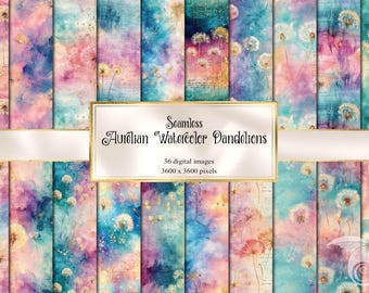 Papel digital de diente de león en acuarela aureliana, patrones vintage de diente de león sin costuras, fondos con textura dorada iridiscente.