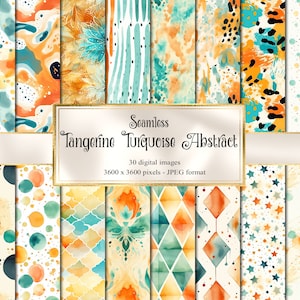 Könnte beinhalten: Ein Set mit 30 digitalen nahtlosen Mustern in einem Tangerinen- und Türkisfarbschema. Die Muster zeigen abstrakte Designs, geometrische Formen und Aquarelltexturen. Die Muster sind 3600 x 3600 Pixel groß und im JPEG-Format.