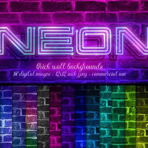 Neon Brick Wall Backgrounds - digital paper in neon colors instant download for commercial use