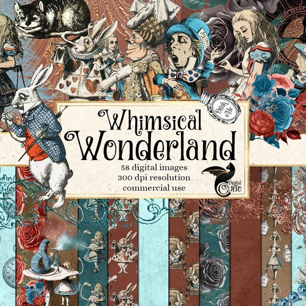 Whimsical Alice's Adventures in Wonderland Digital Scrapbooking Kit, instant download digital paper and clipart Mad Hatter, Queen of Hearts