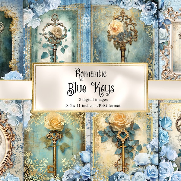 Romantic Blue Keys Journal Paper, notebook digital paper rococo junk journal pages printable 8.5x11 inch instant download