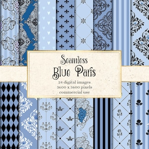 Papier numérique Paris bleu, motifs français sans couture, avec tours Eiffel et papier de scrapbook imprimable fleur de lys à usage commercial