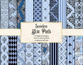 Blue Paris Digital Paper, seamless French patterns, with Eiffel towers and fleur de lis printable scrapbook paper for commercial use