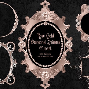 Clipart de molduras de diamante em ouro rosa, clipart de moldura extravagante antiga, moldura de casamento png uso comercial download instantâneo
