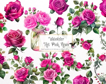 Watercolor Hot Pink Roses Clipart - bright neon fuchsia roses and leaves in PNG format instant download for commercial use