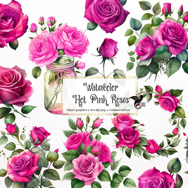 Watercolor Hot Pink Roses Clipart - bright neon fuchsia roses and leaves in PNG format instant download for commercial use