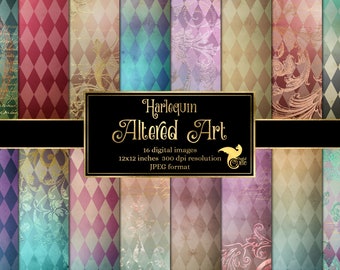 Harlequin Digital Paper, Vintage Grunge Scrapbook Backgrounds (Digital Download)