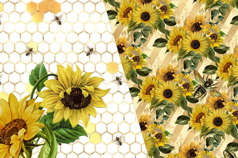 Download Sunflower Bees Digital Paper seamless gold honey bee | Etsy