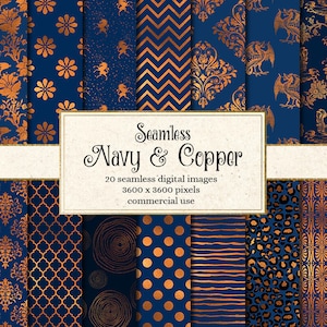 Navy and Copper Digital Paper, blue and copper bronze seamless patterns, copper foil printable scrapbook paper, copper backgrounds