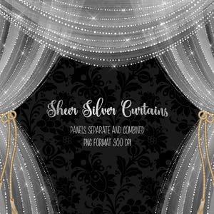 Sheer Silver Curtains Clipart, tende a diamante, tende da palco a diamante bianco, tende da teatro per inviti, adesivi pianificatore, file PNG
