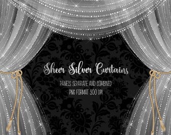 Sheer Silver Curtains Clipart, diamond curtains, white diamond stage curtains, theater curtains for invitations, planner stickers, PNG file
